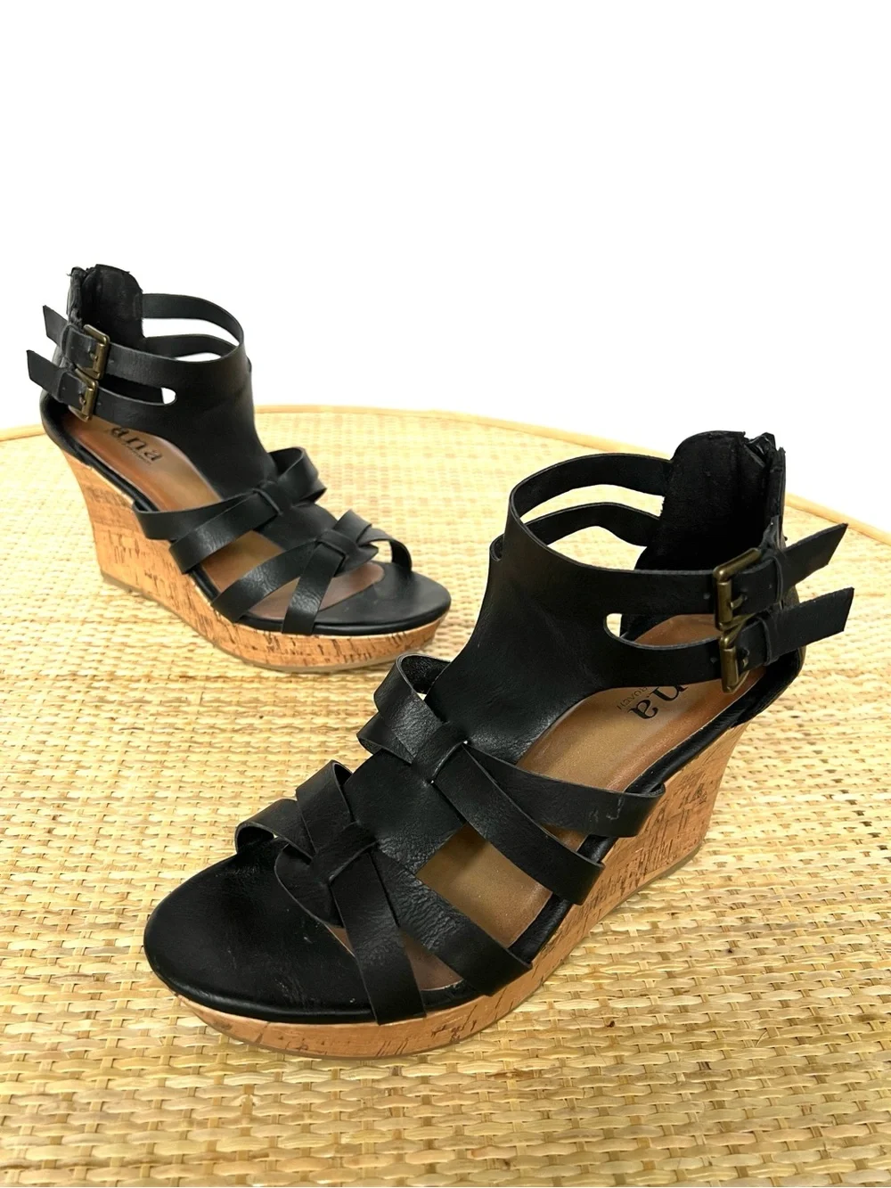 Ana A New Approach black gladiator Wedge Heel Sandals Black Vegan Leather 7.5 - Picture 2 of 10